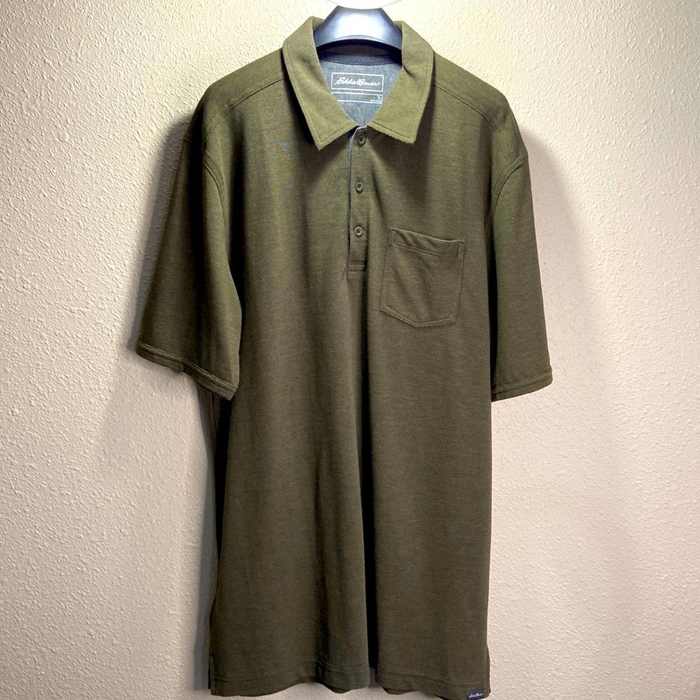 Eddie Bauer Men Olive Green Polo Shirt Half Button Shirt Size Large Tall